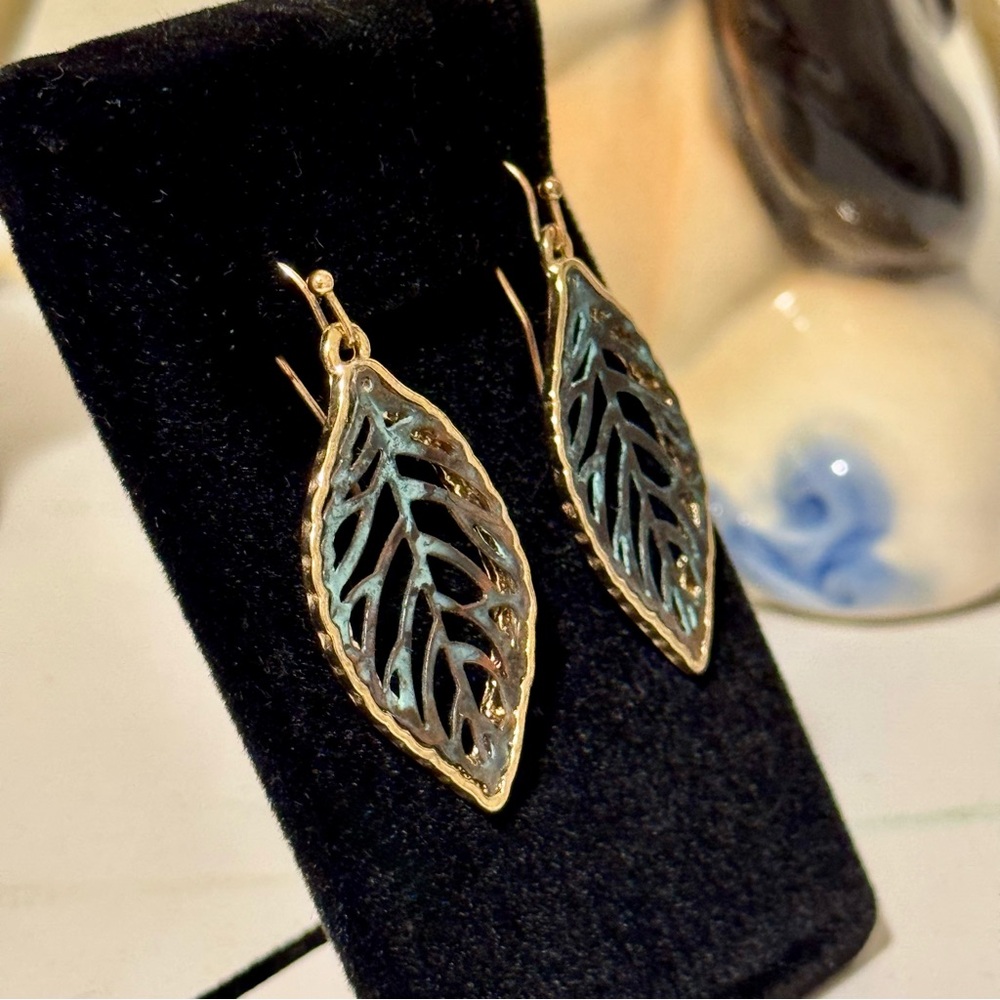 Leaf Skeleton Gold, Brown and Green Patina Drop Dangle Earrings